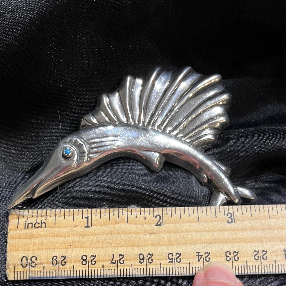Silver Swordfish Pin with turquoise eye